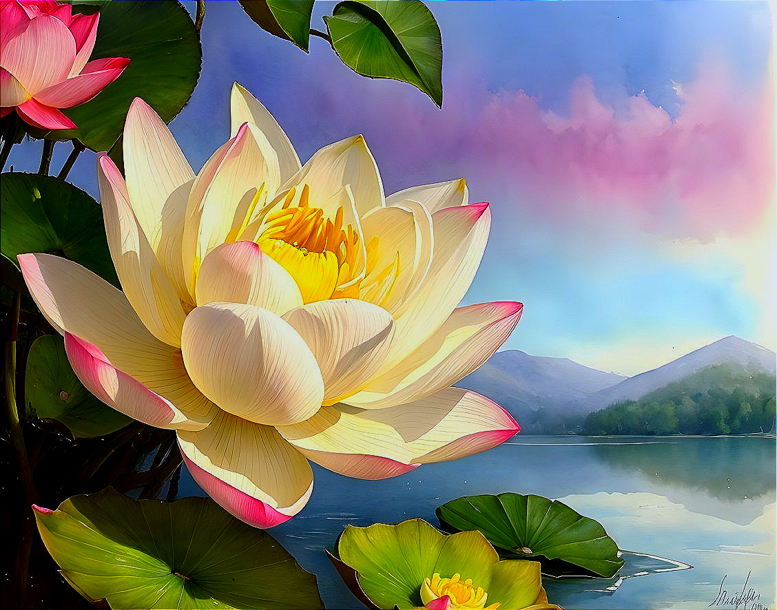 Colorful Lotus Flower Blooming by Serene Lake