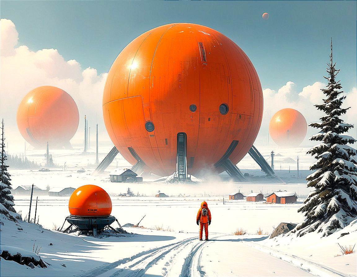 Surreal Landscape with Orange Spheres and Distant Planets