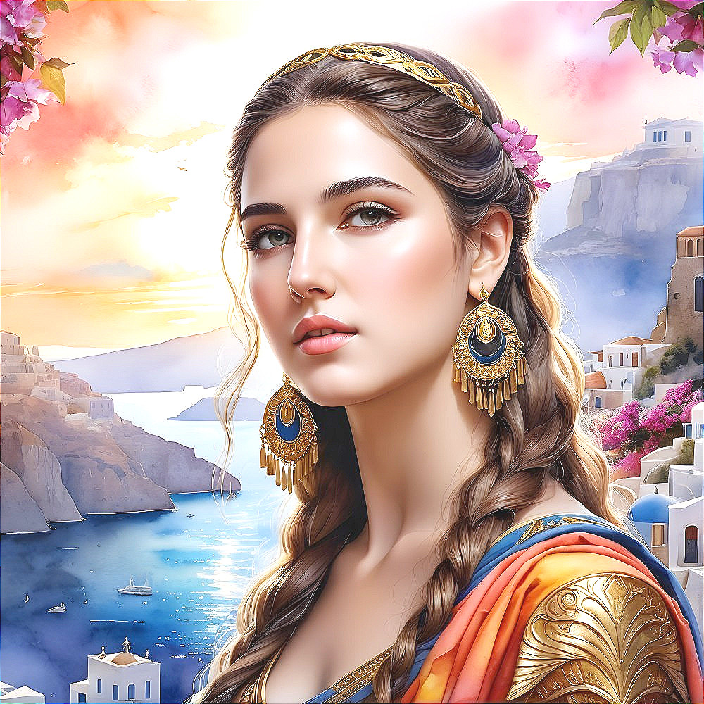 Young woman in colorful attire by sunset coastal town