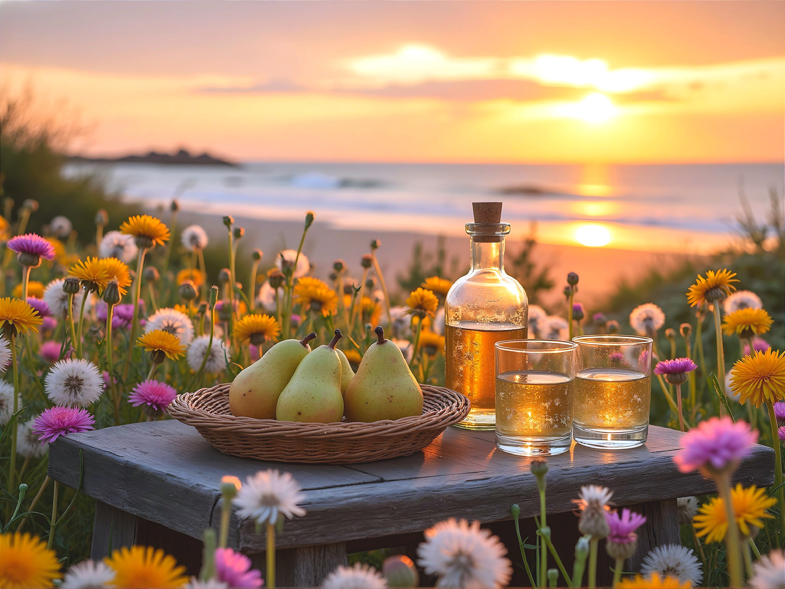 Serene Beach Sunset with Wildflowers and Pears