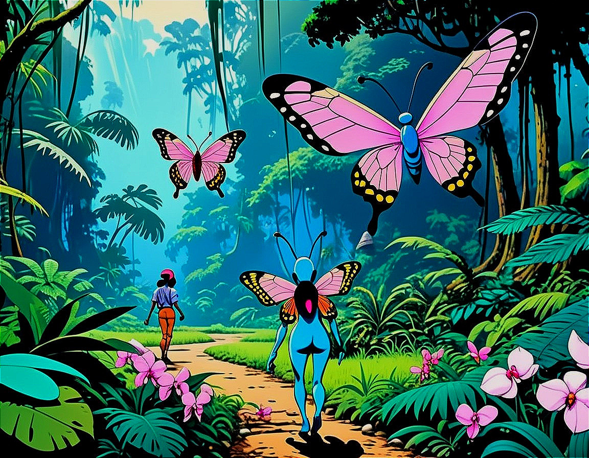 Vibrant Jungle Scene with Lush Greenery and Butterflies