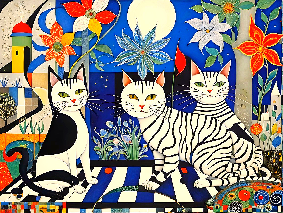 Three Stylized Cats on Vibrant Floral Background
