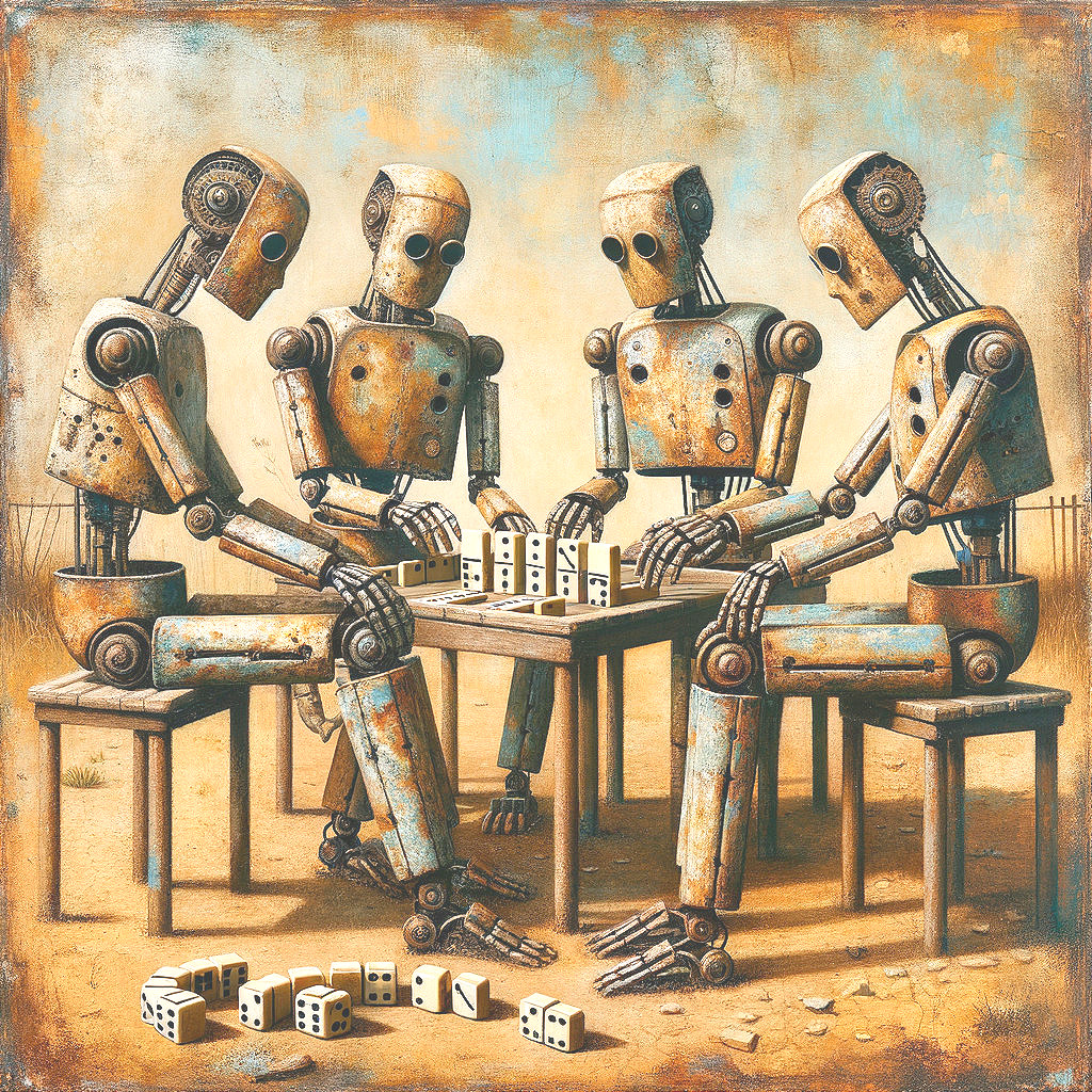 Vintage Humanoid Robots Playing Dice in Steampunk Style