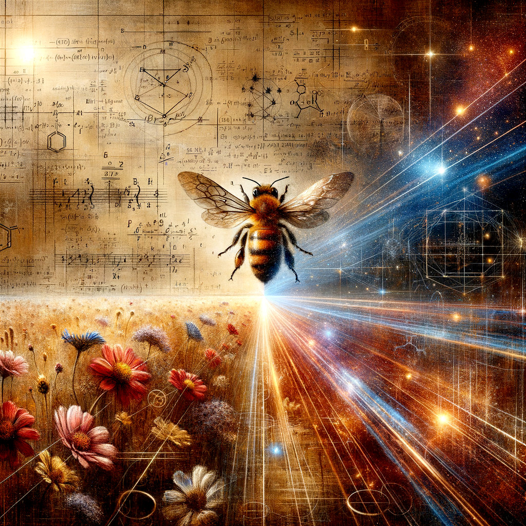 Bee Over Flowers with Scientific Diagrams Background