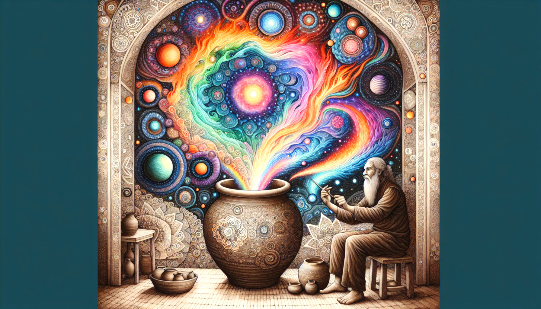 Elderly Figure with Cosmic Pot and Mystical Designs