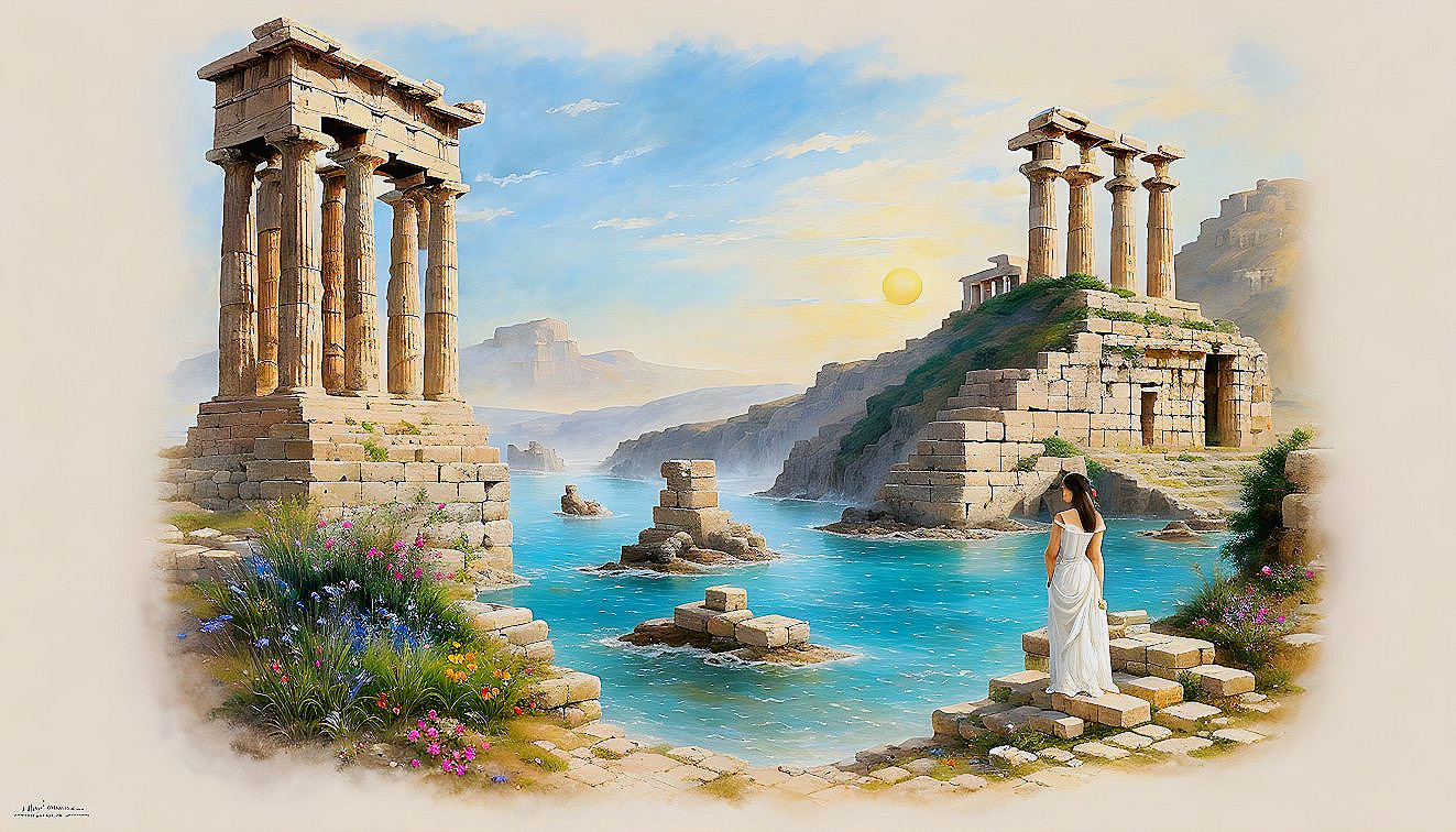 Idyllic Landscape with Ancient Ruins and Sunset View