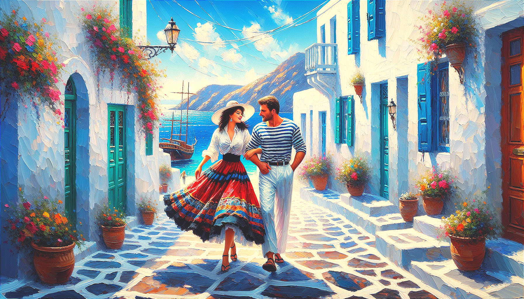 Coastal Scene with Couple in Vibrant Flower Alley