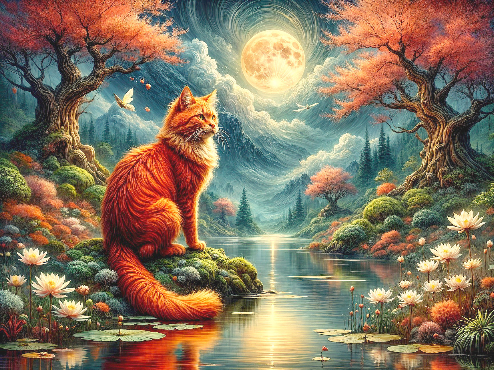 Orange Cat by Serene Lake Under Full Moonlight
