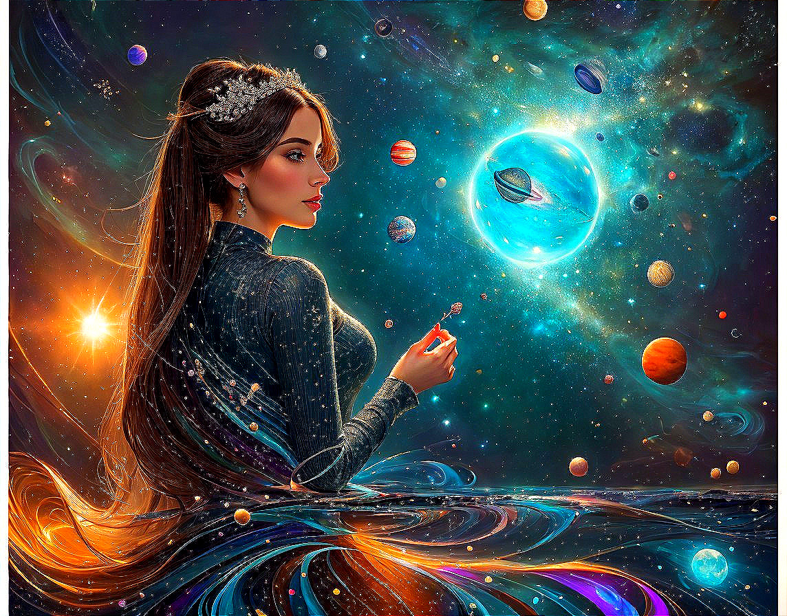 Woman with cosmic background and planets, merging hair with vibrant universe, holding glowing element