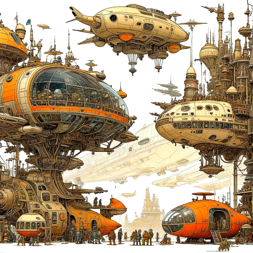 Futuristic cityscape with intricate buildings and airships