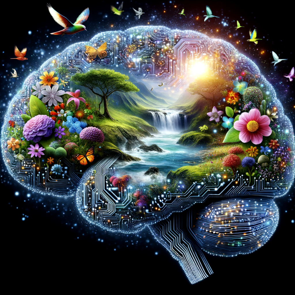 Colorful Brain Illustration Blending Nature and Technology