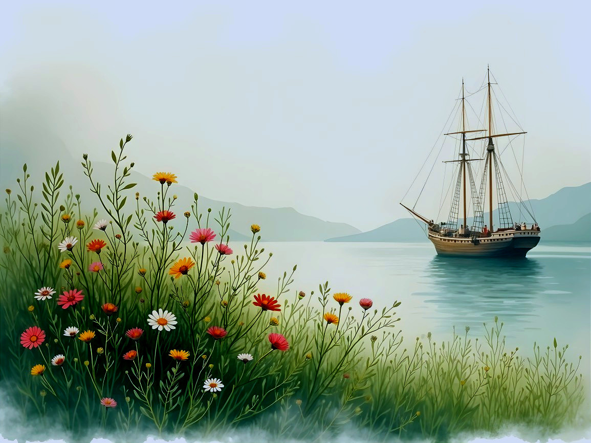 Serene Water Scene with Wildflowers and Sailing Ship