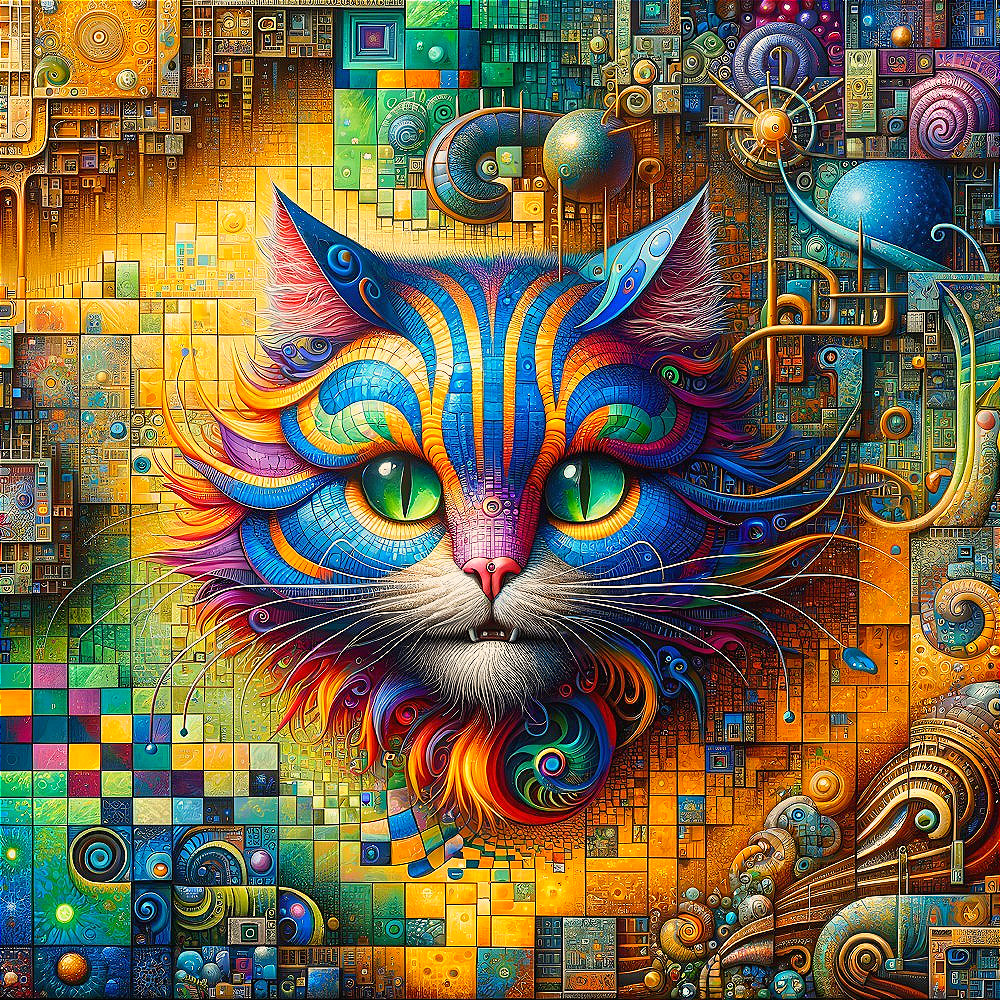 Surreal Cat Face Illustration with Geometric Patterns
