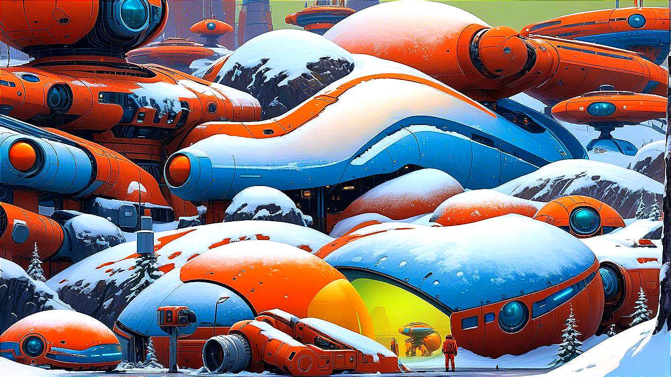 Futuristic Landscape with Orange Structures and Snow