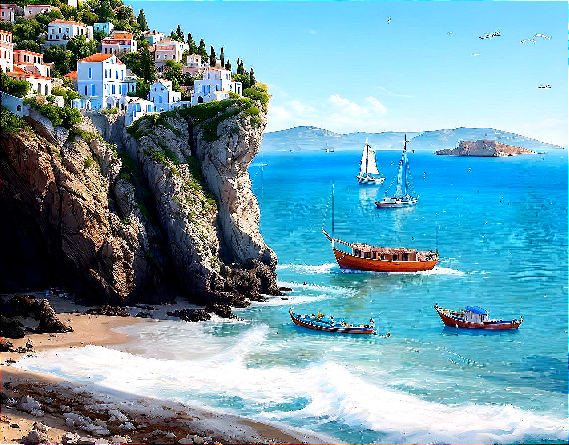 Serene Coastal Scene with Vibrant Blue Waters and Houses