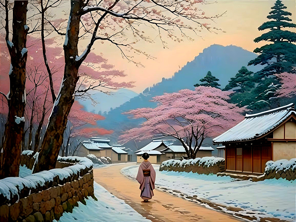 Winter Village Landscape with Cherry Blossoms and Dawn