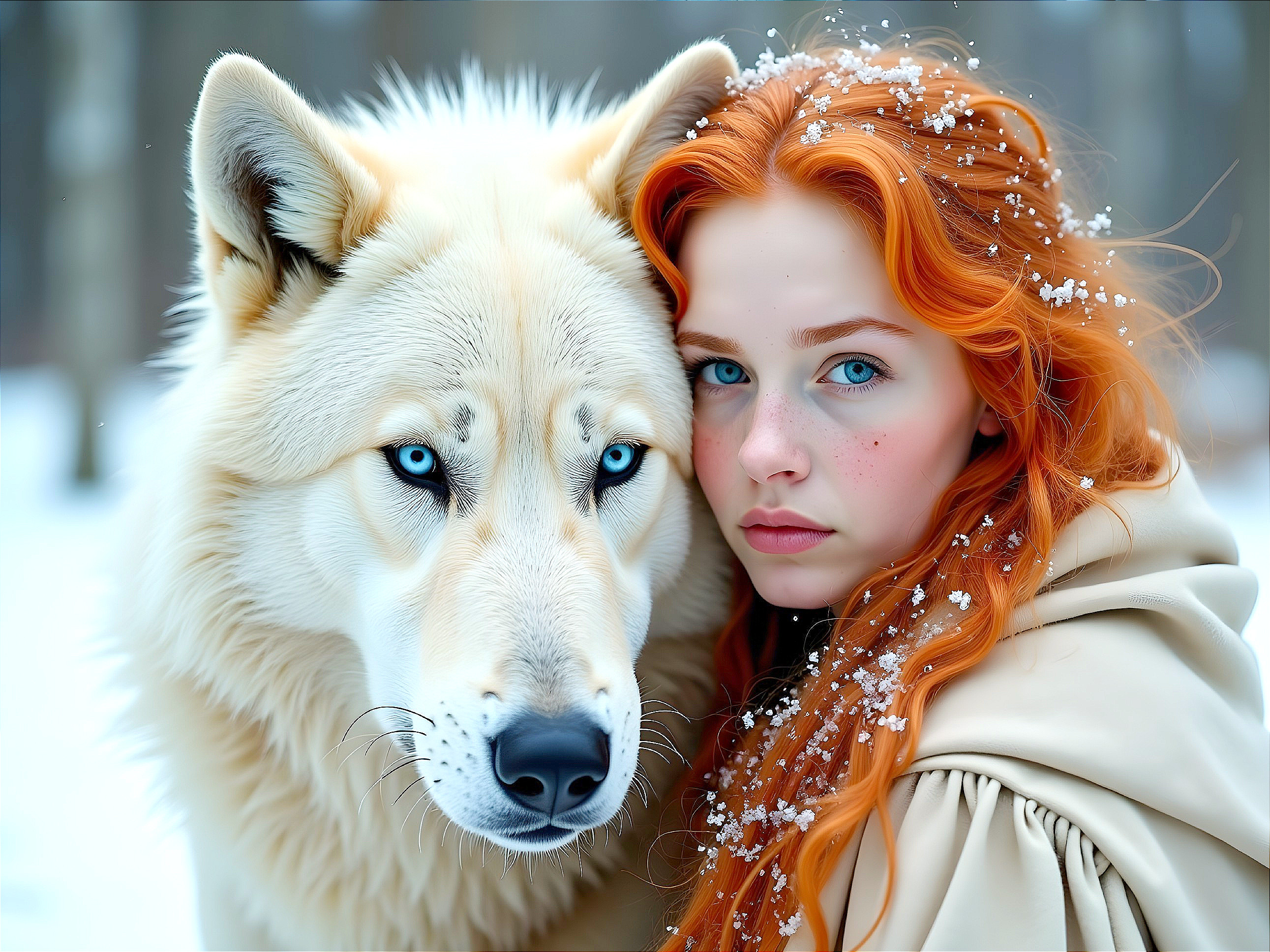 Winter Scene with Young Woman and White Wolf