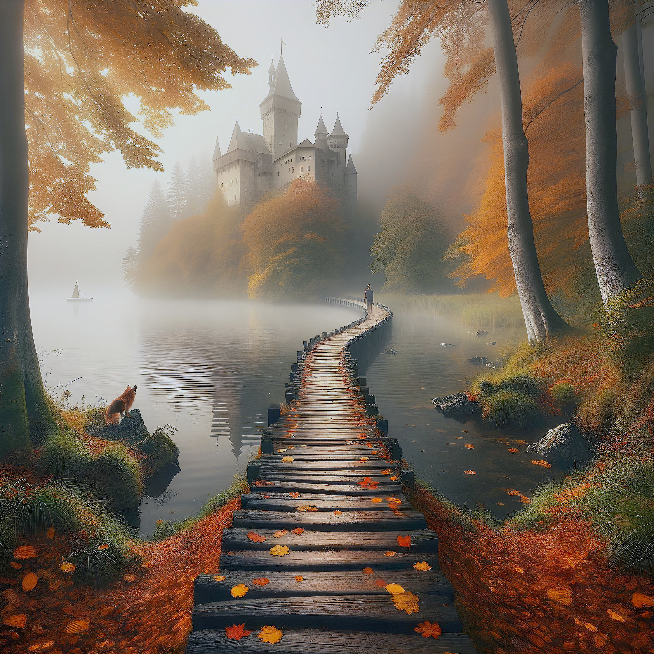 Winding Path Through Misty Autumn Landscape and Castle