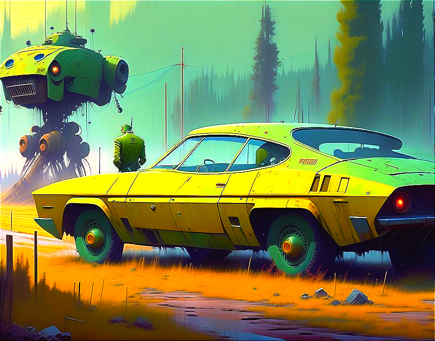 Futuristic Landscape with Vintage Car and Robot