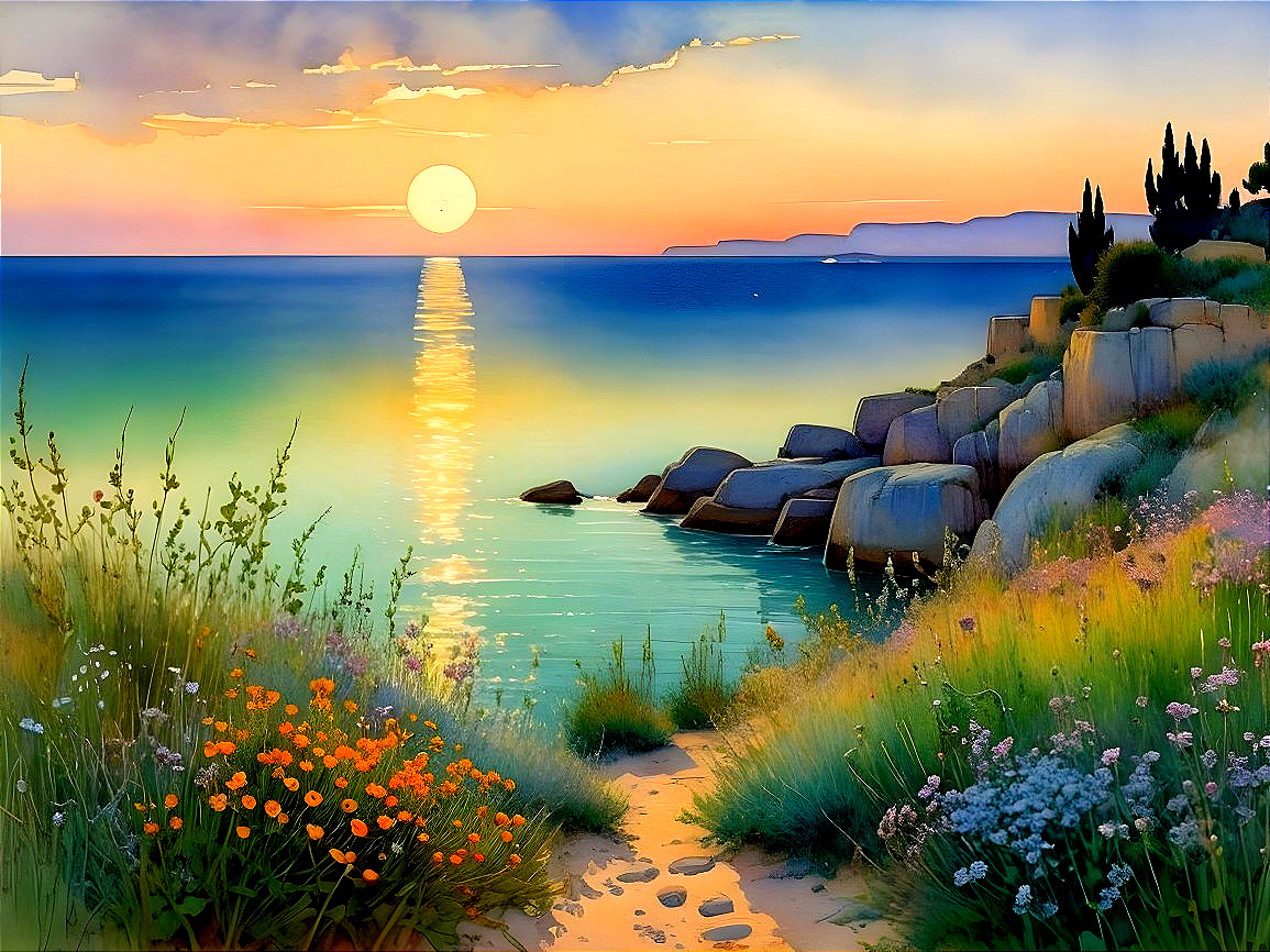 Serene Coastal Landscape at Sunset with Vibrant Hues