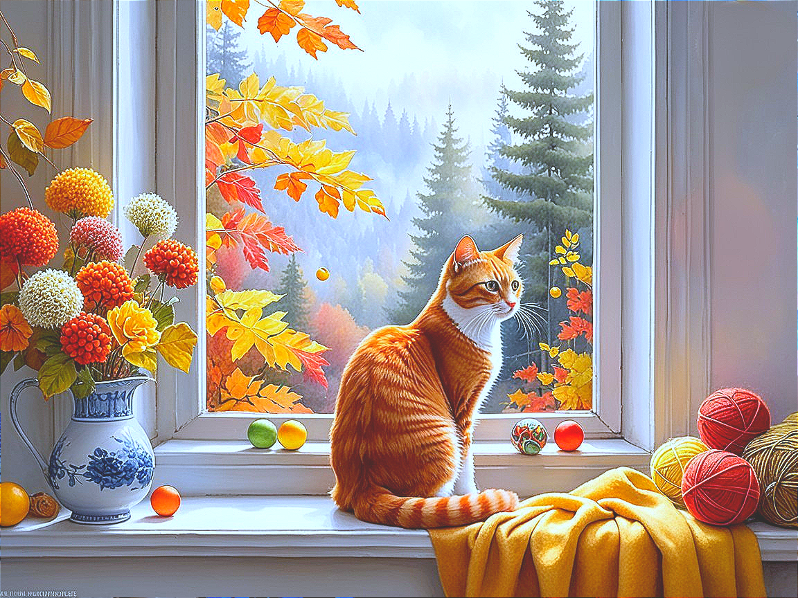 Cozy Autumn Scene with Ginger Cat by a Window