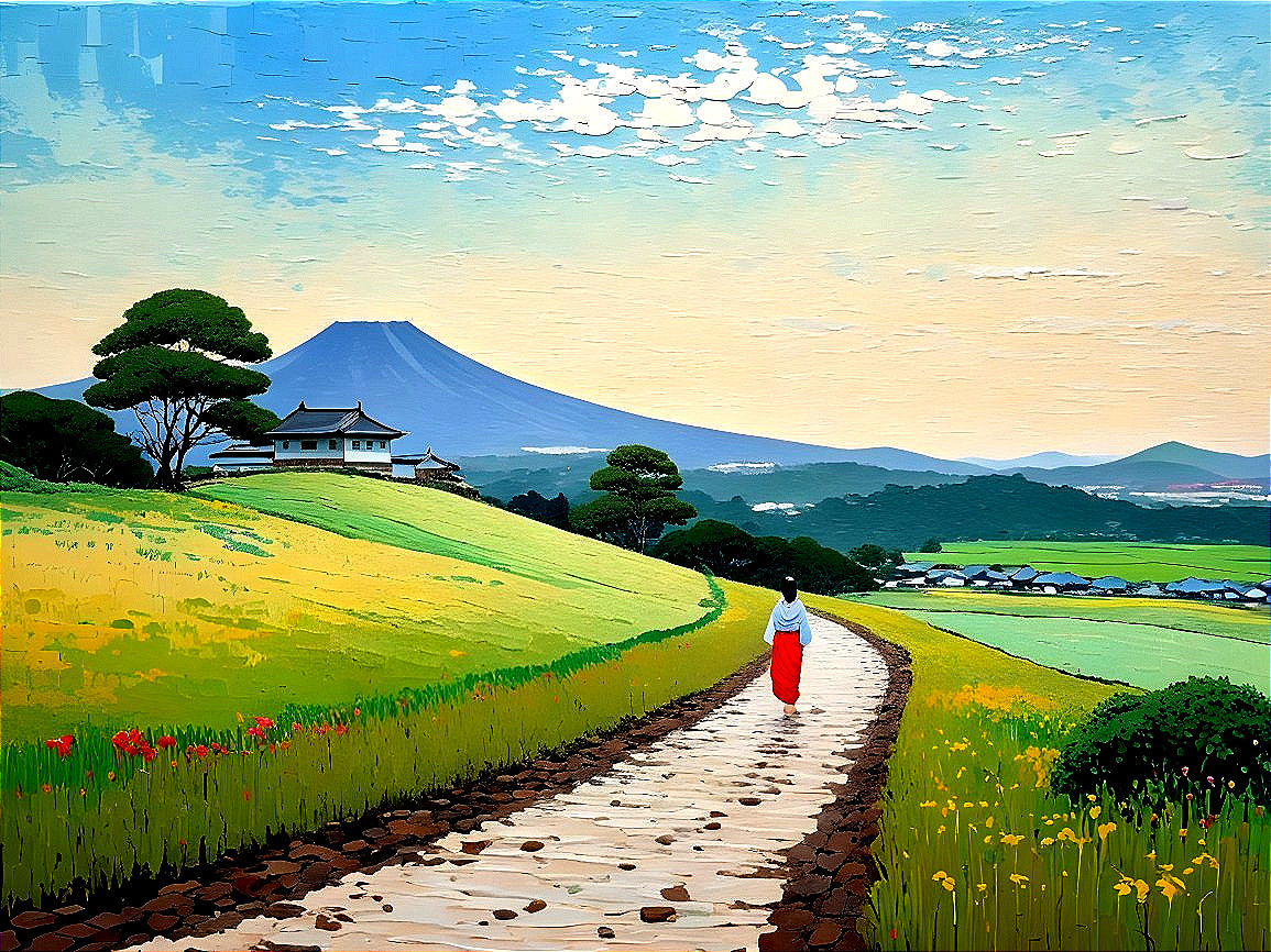Tranquil Landscape with Winding Path and Distant Mountain