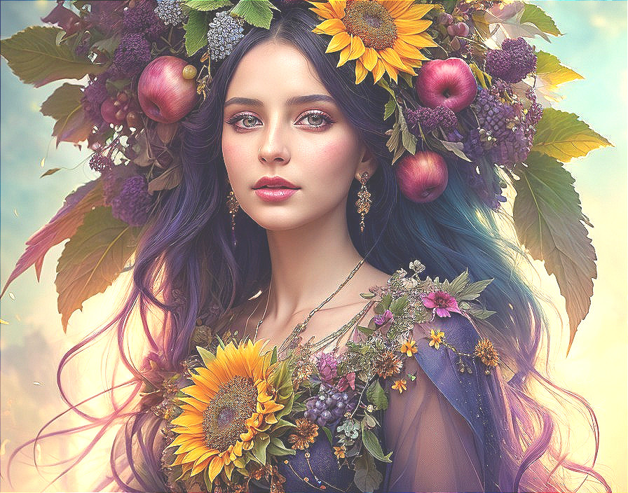 Woman with Purple Hair and Floral Wreath in Blue Garment