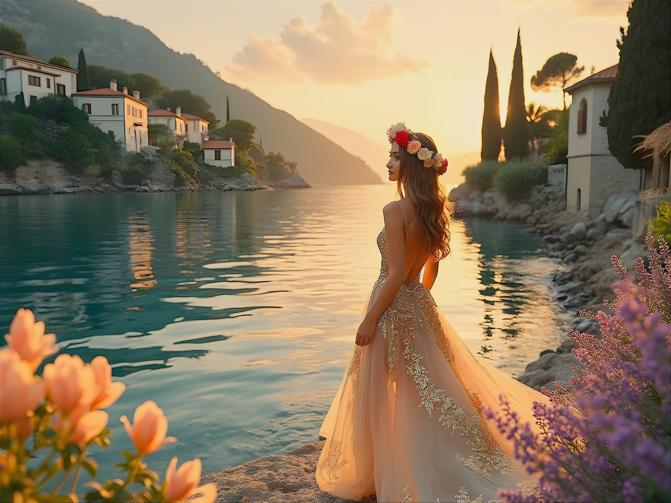 Serene Lakeside Sunset with Woman in Embellished Gown