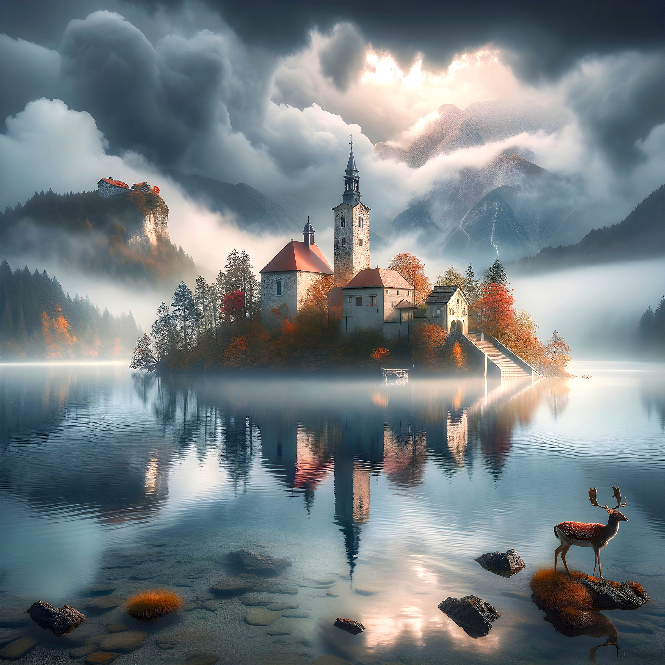 Serene Island Scene with Church and Autumn Trees