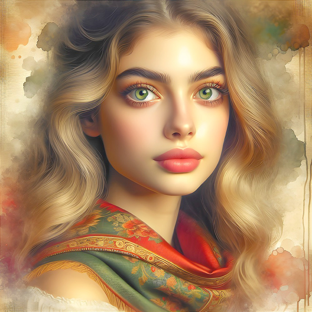 Portrait of a Young Woman with Green Eyes and Scarf