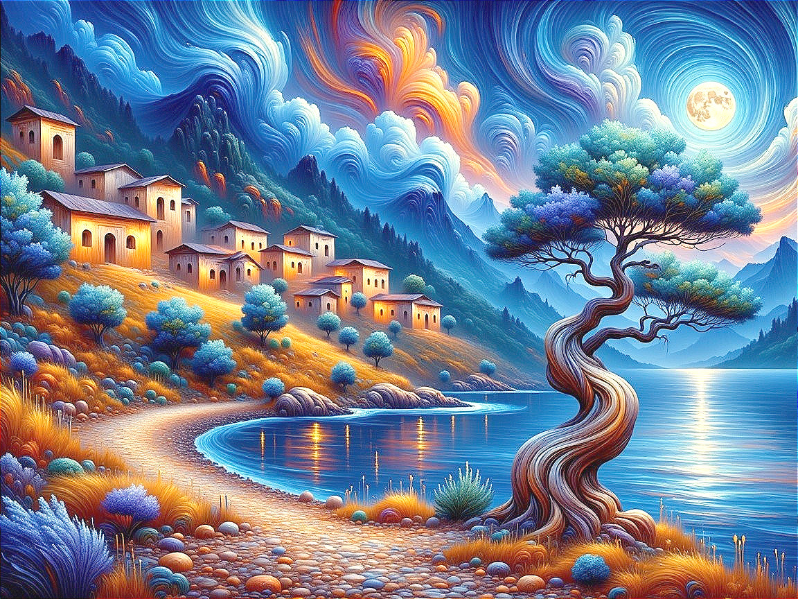Vibrant Dusk Landscape with Lake and Twisted Tree
