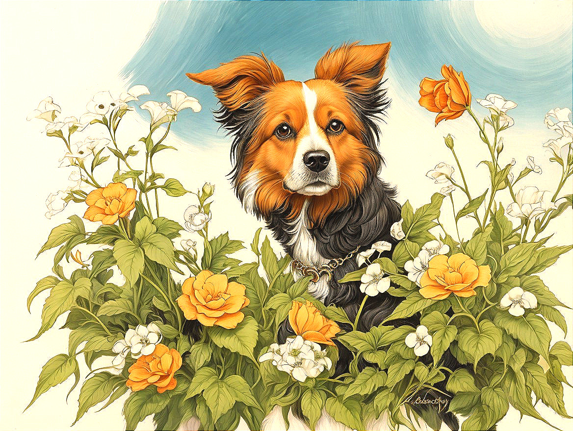 Charming dog among vibrant flowers and blue sky