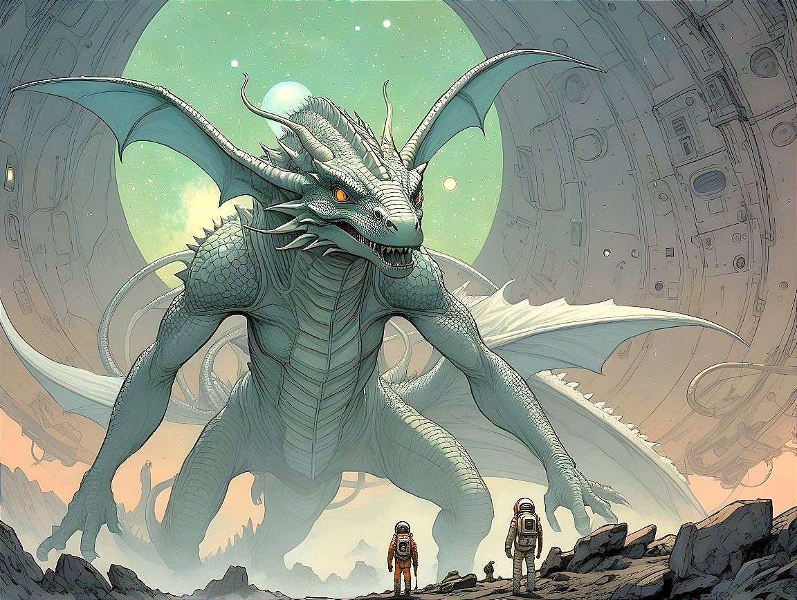 Astronauts Encountering a Dragon in a Surreal Landscape