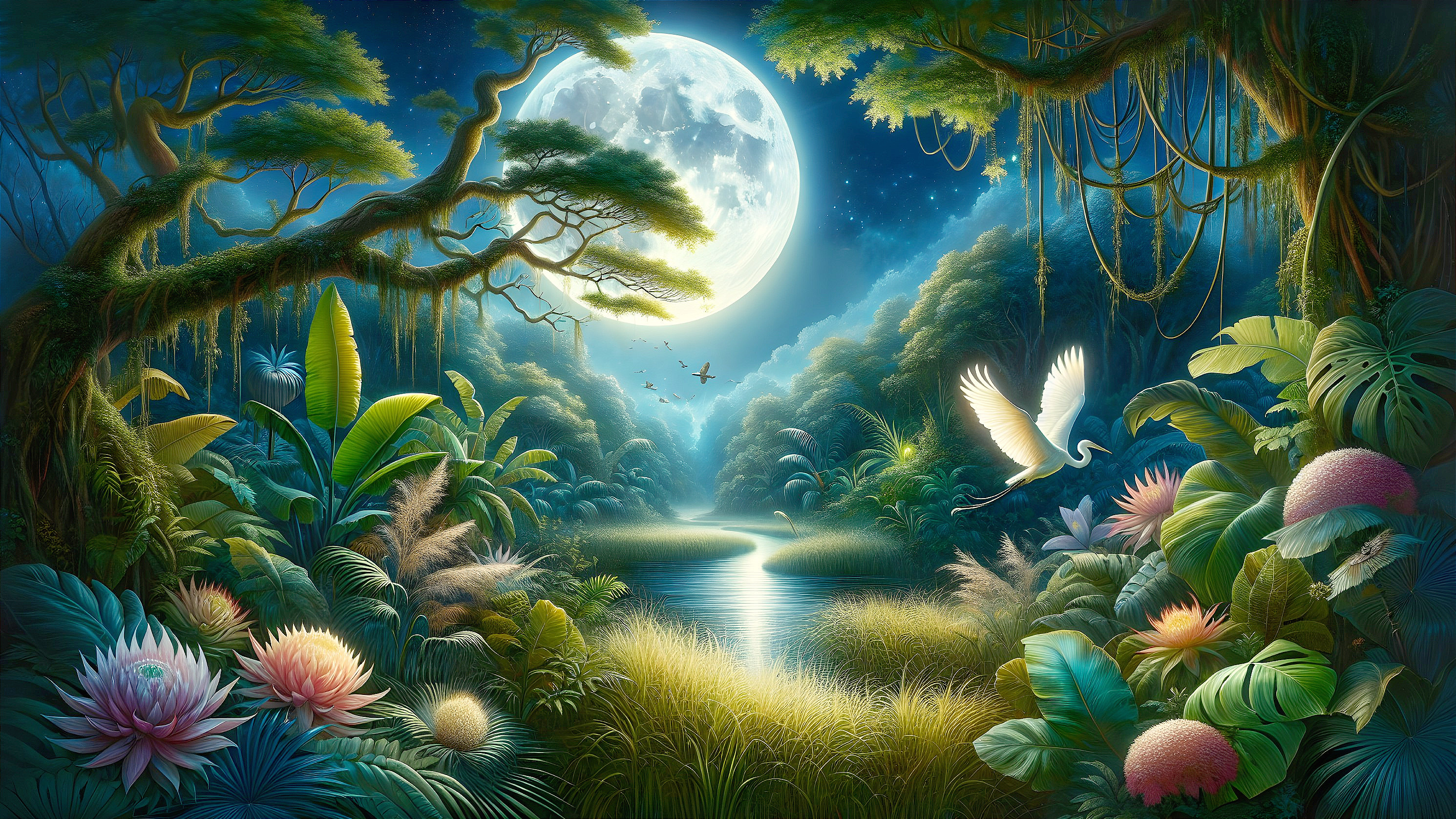 Moonlit Landscape with River and Tropical Flora