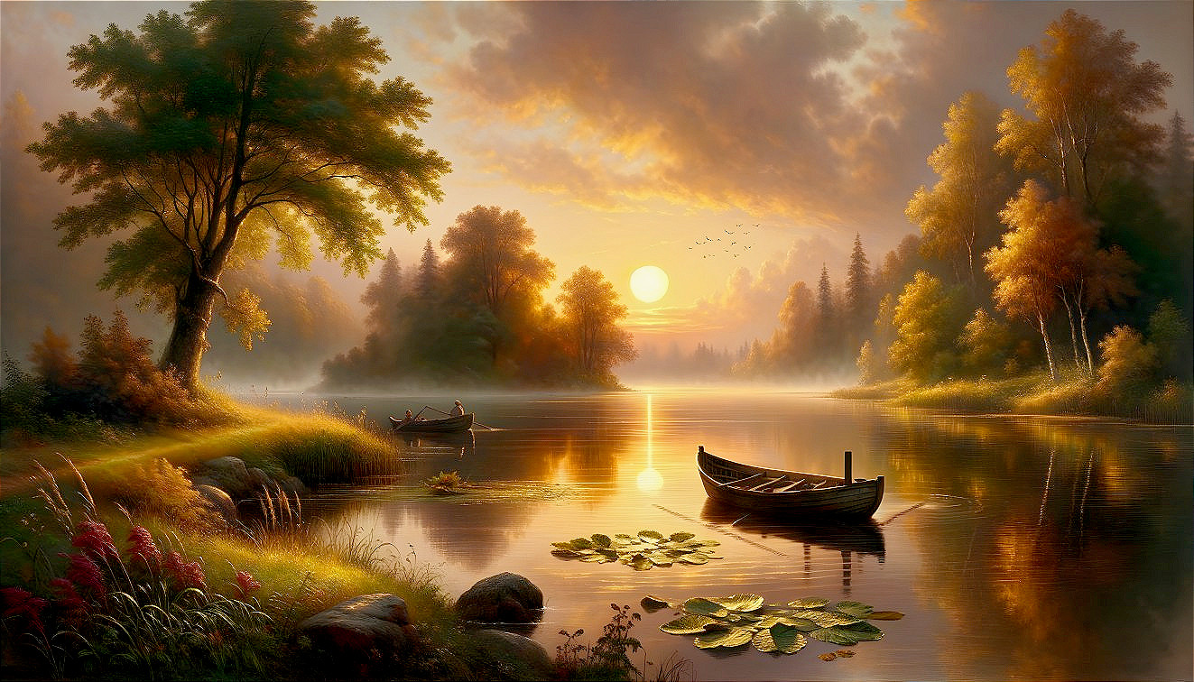 Serene Sunset Over Tranquil Lake with Lush Trees