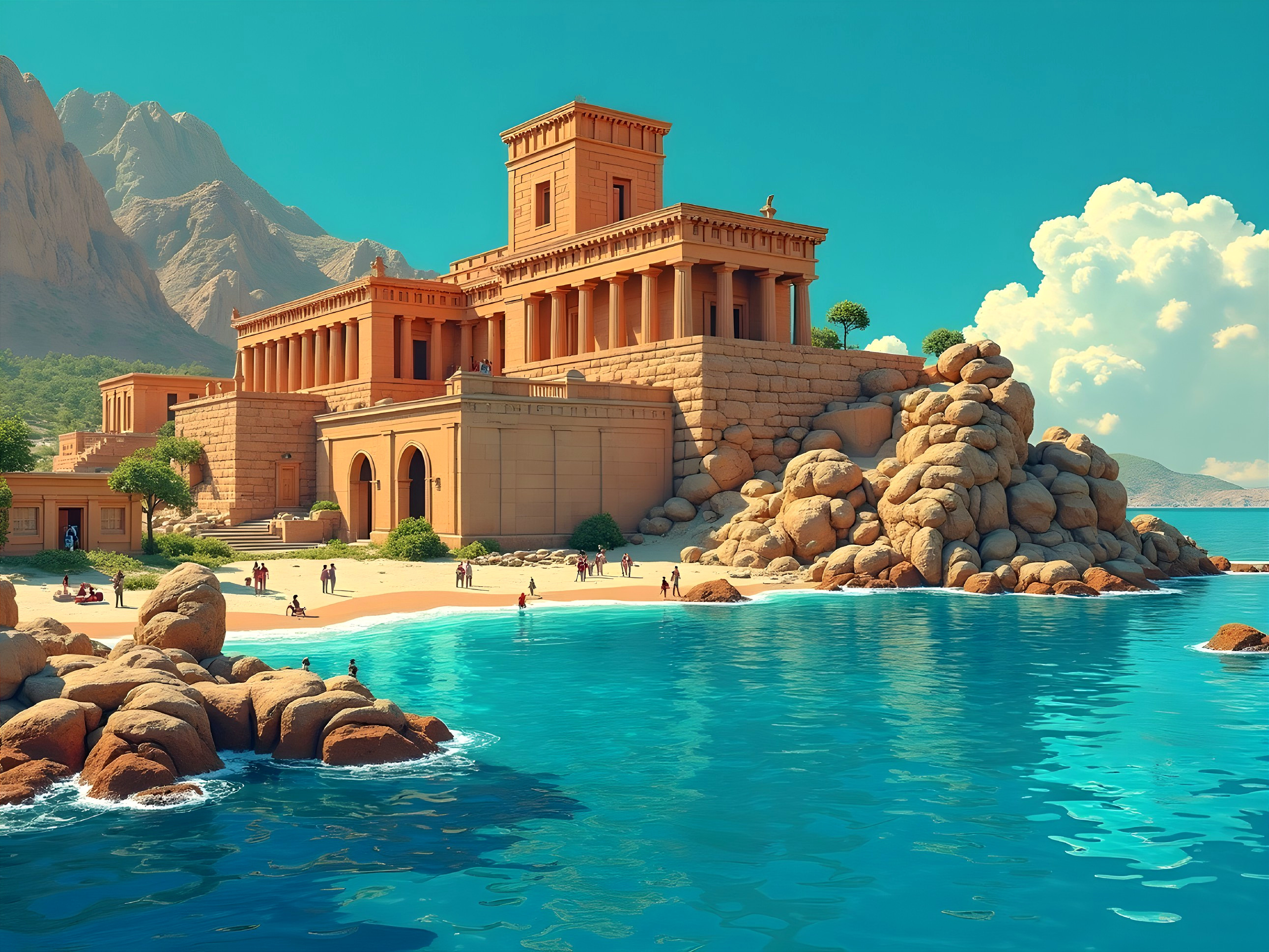 Ancient Temple Overlooking Serene Blue Sea and Mountains