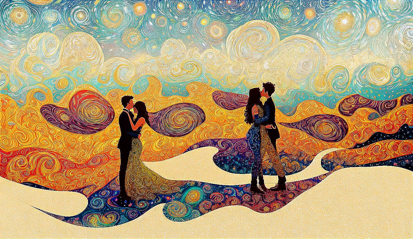 Couples Embracing Against Swirling Colorful Backdrop