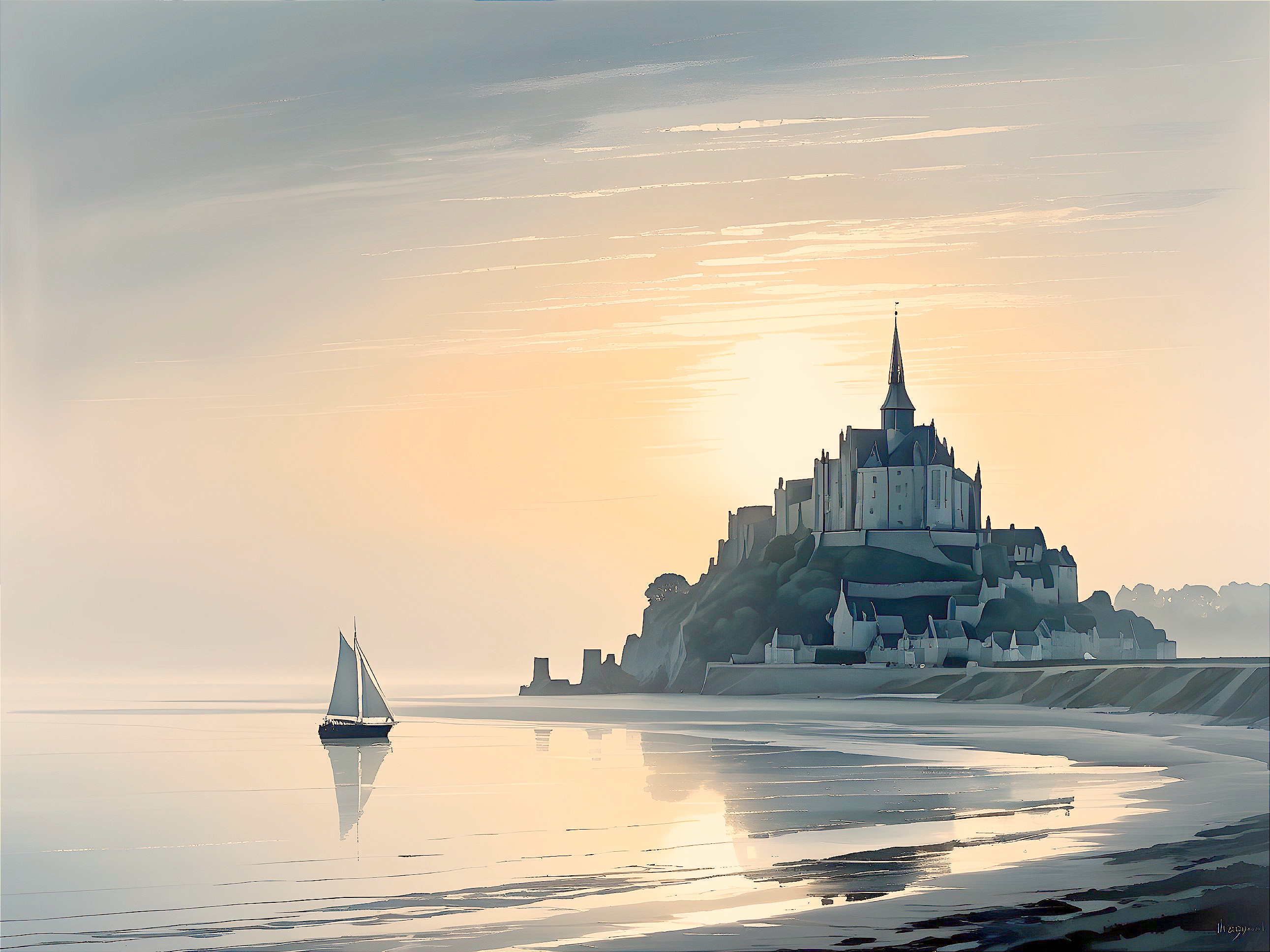 Serene Coastal Scene with Castle and Sailboat