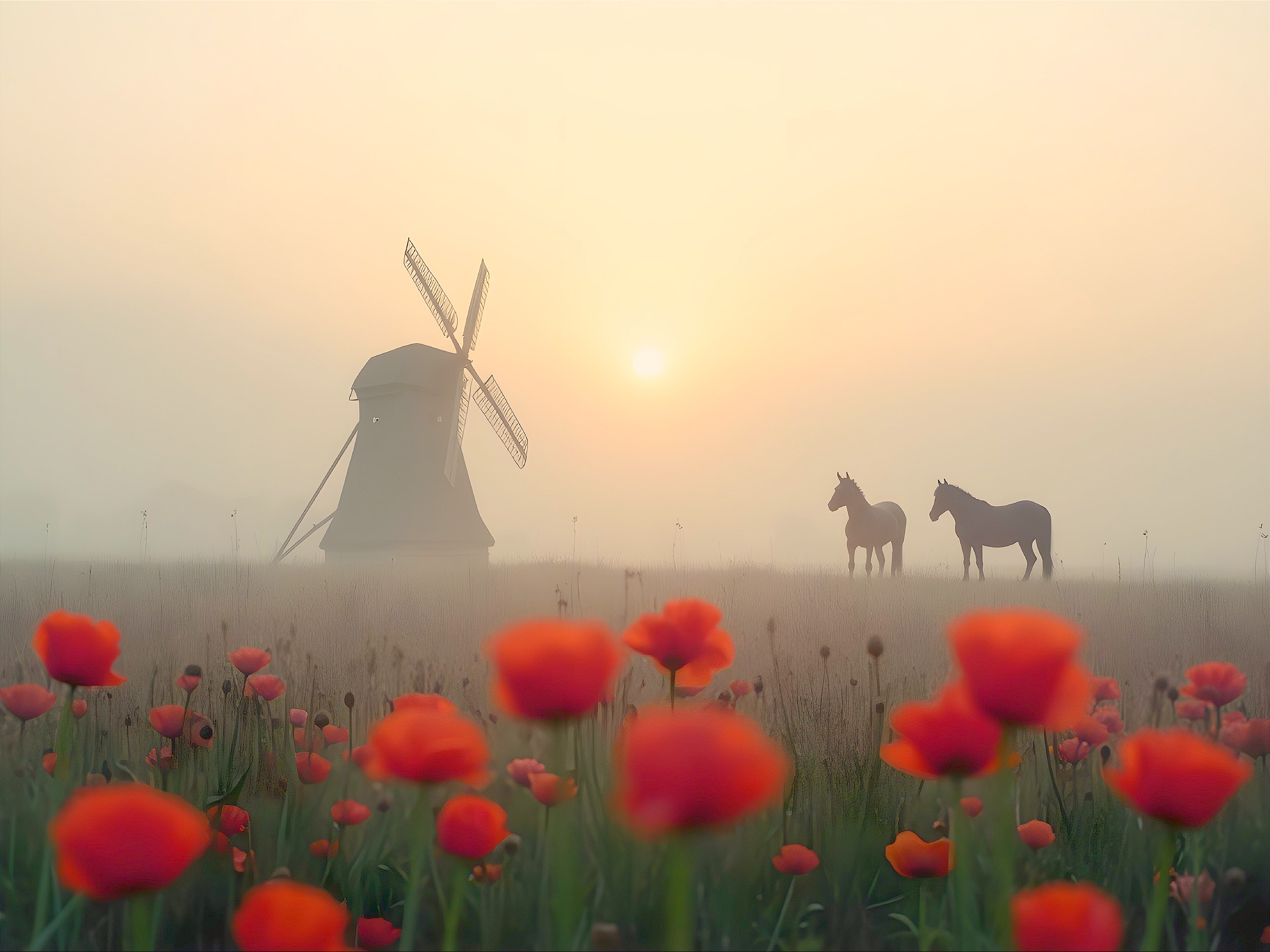 Serene Sunrise Landscape with Windmill and Horses