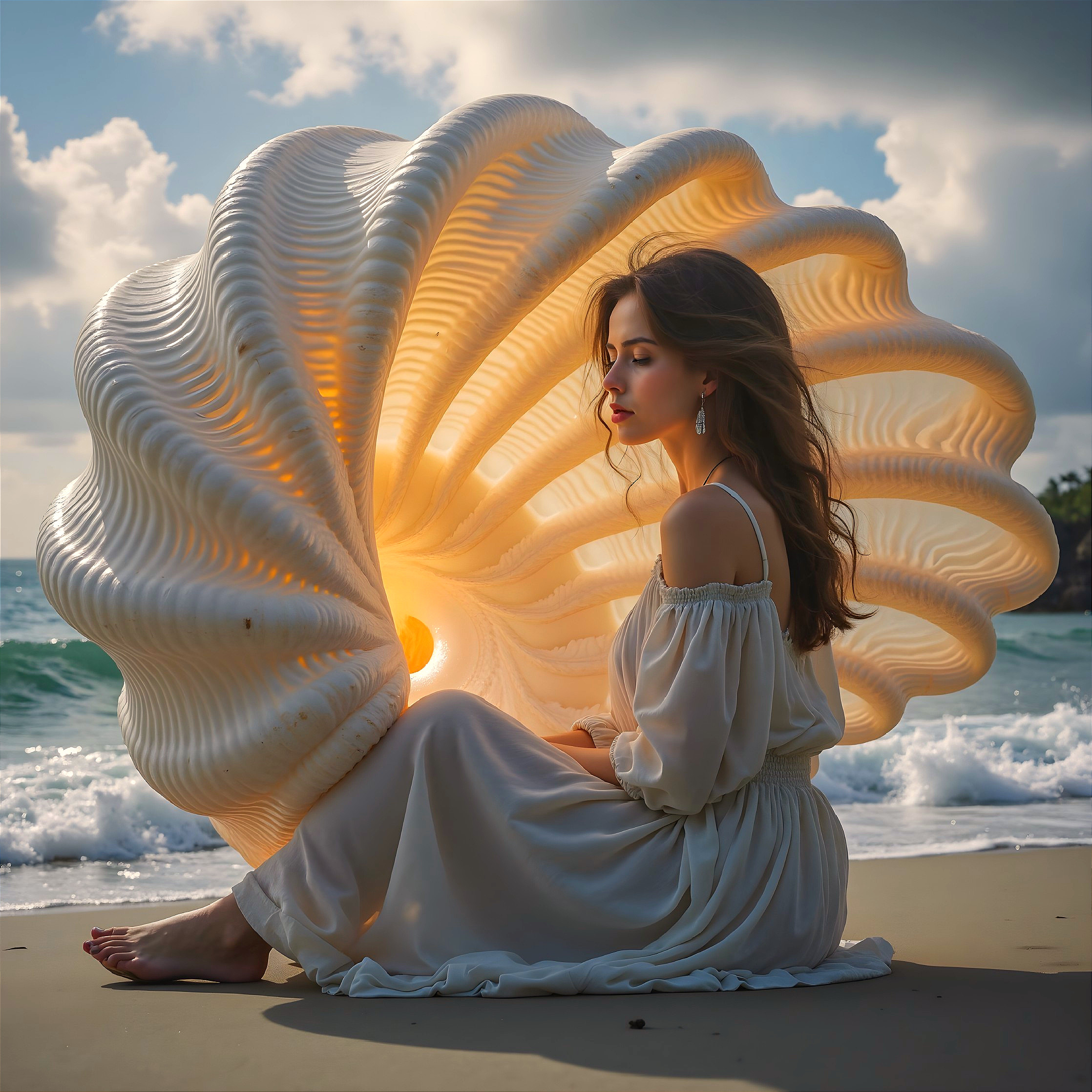 Serene beach scene with woman and luminous seashell
