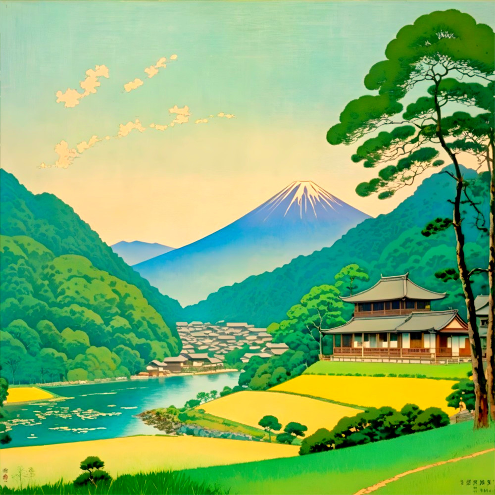 Serene Landscape with Mountains, Lake, and Village