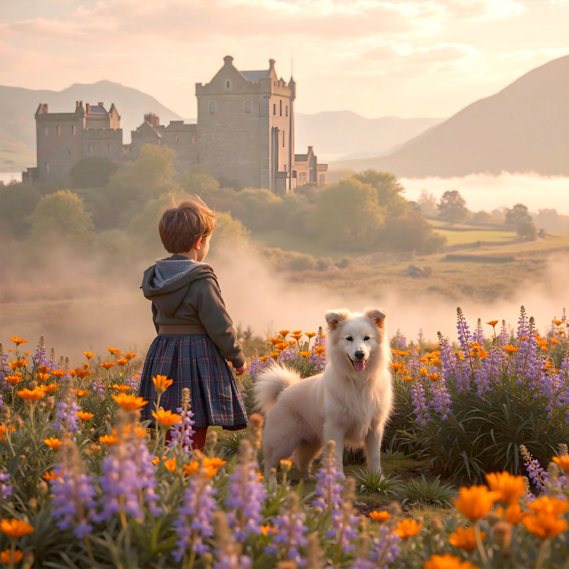 Child in Flower Field with Castle and Dog