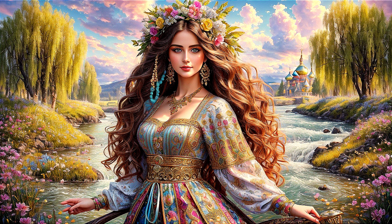 Young woman by river in colorful embroidered dress