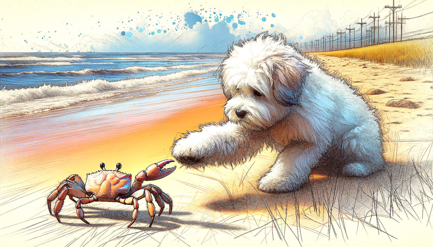 Fluffy White Dog Interacts with Crab on Beach Scene
