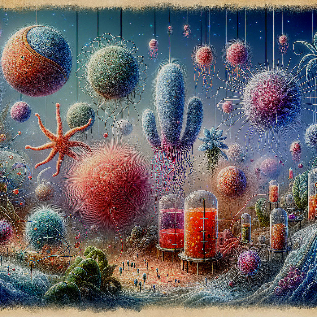 Whimsical Otherworldly Landscape with Vibrant Microorganisms