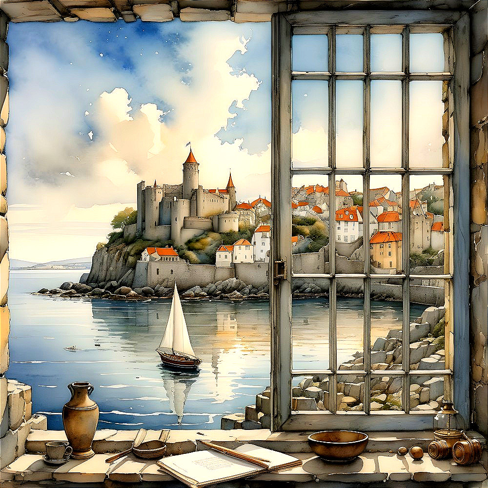 Rustic Window View of Coastal Village and Castle