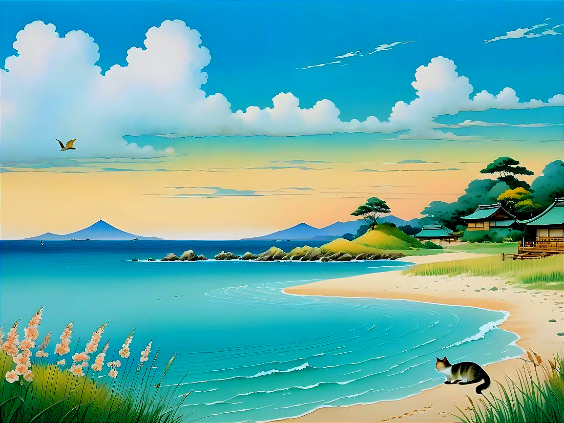 Serene beach scene with cat, hills, and mountains