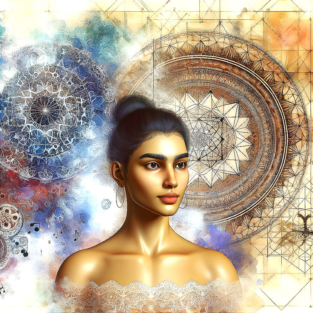 Detailed Cosmic and Geometric Background with Woman Portrait in Warm Hues