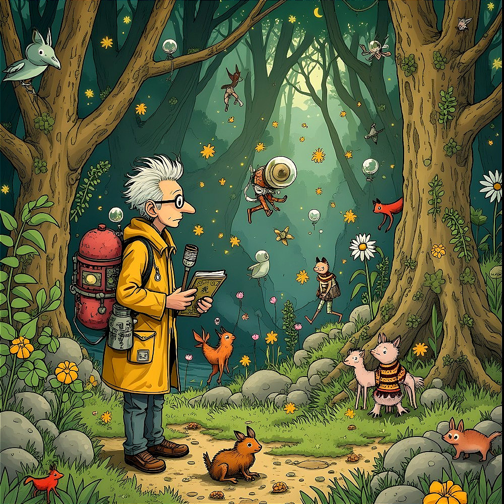 Curious Character in Yellow Raincoat Observes Enchanted Forest