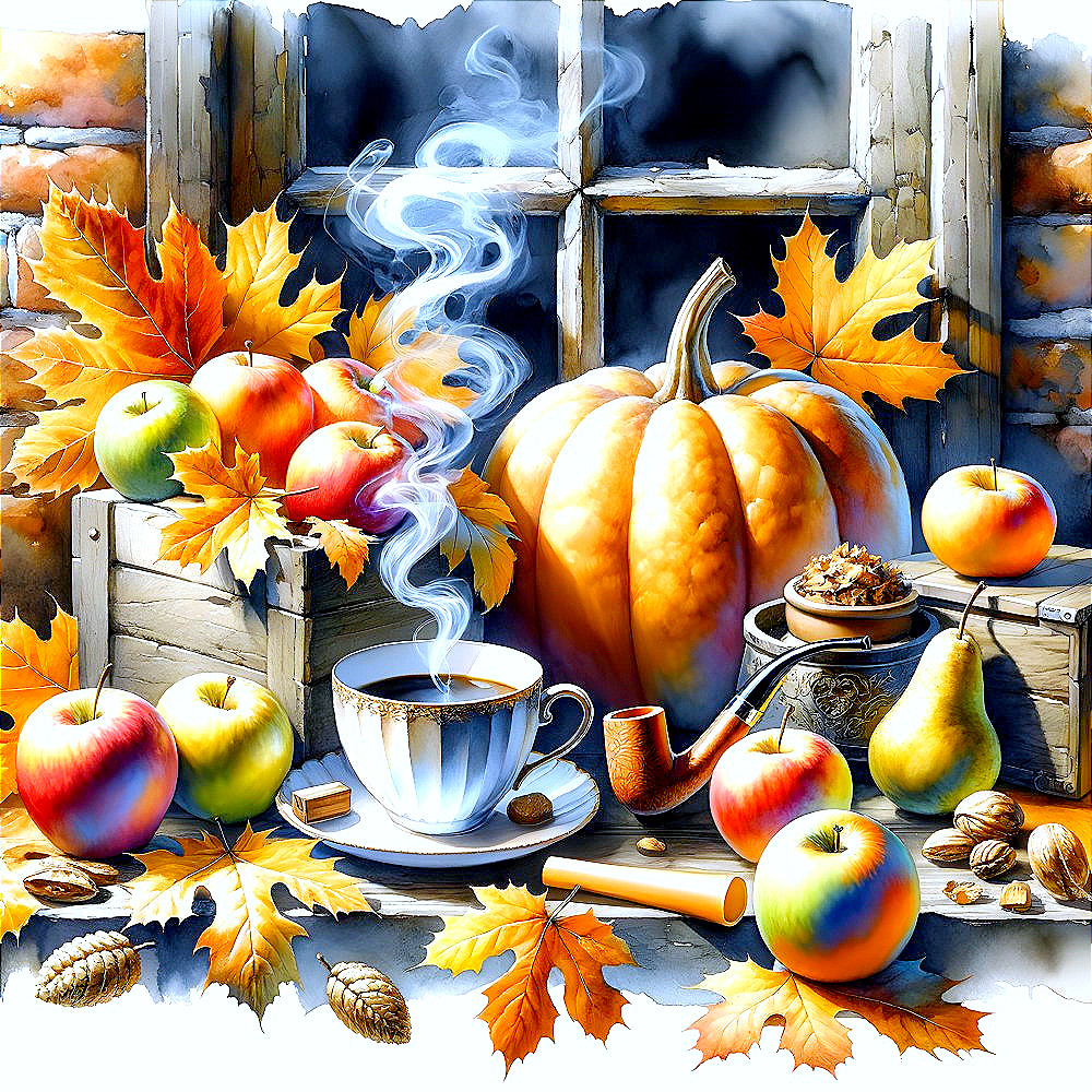 Cozy Autumn Scene with Tea, Fruits, and Pumpkin
